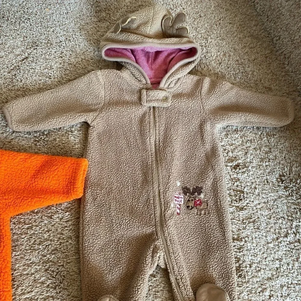 3 Month Pumpkin Fleece Outfit and 6 Month Reindeer Fleece Outfit